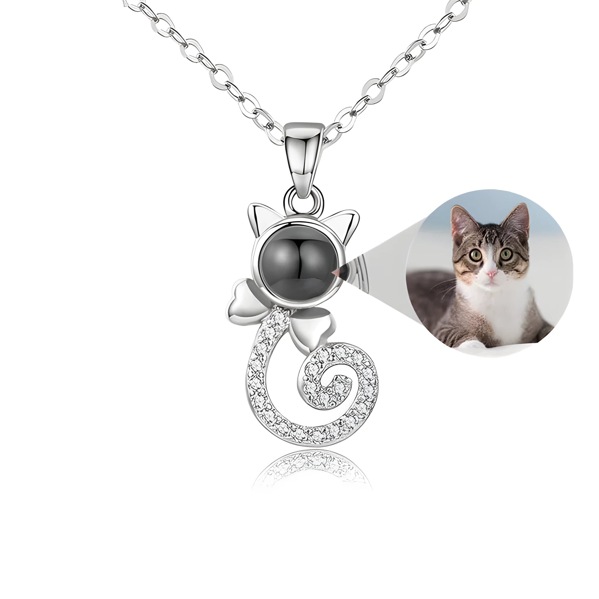 S925 silver cat-shaped pendant necklace with custom photo projection on Rose Gold chain
