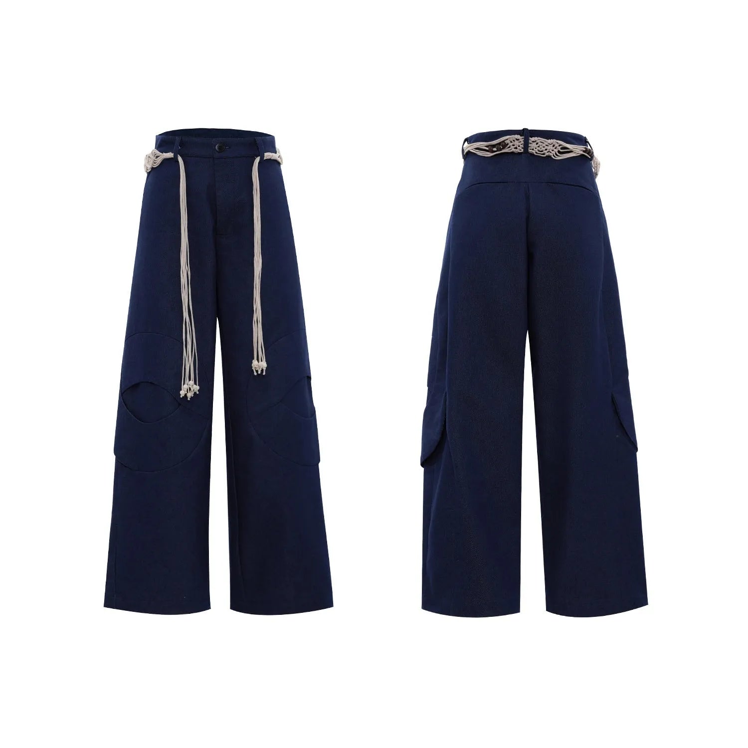 Men's dark blue straight-leg cotton jeans with 3D cutting, belt stitching, and decorative pocket tassels.