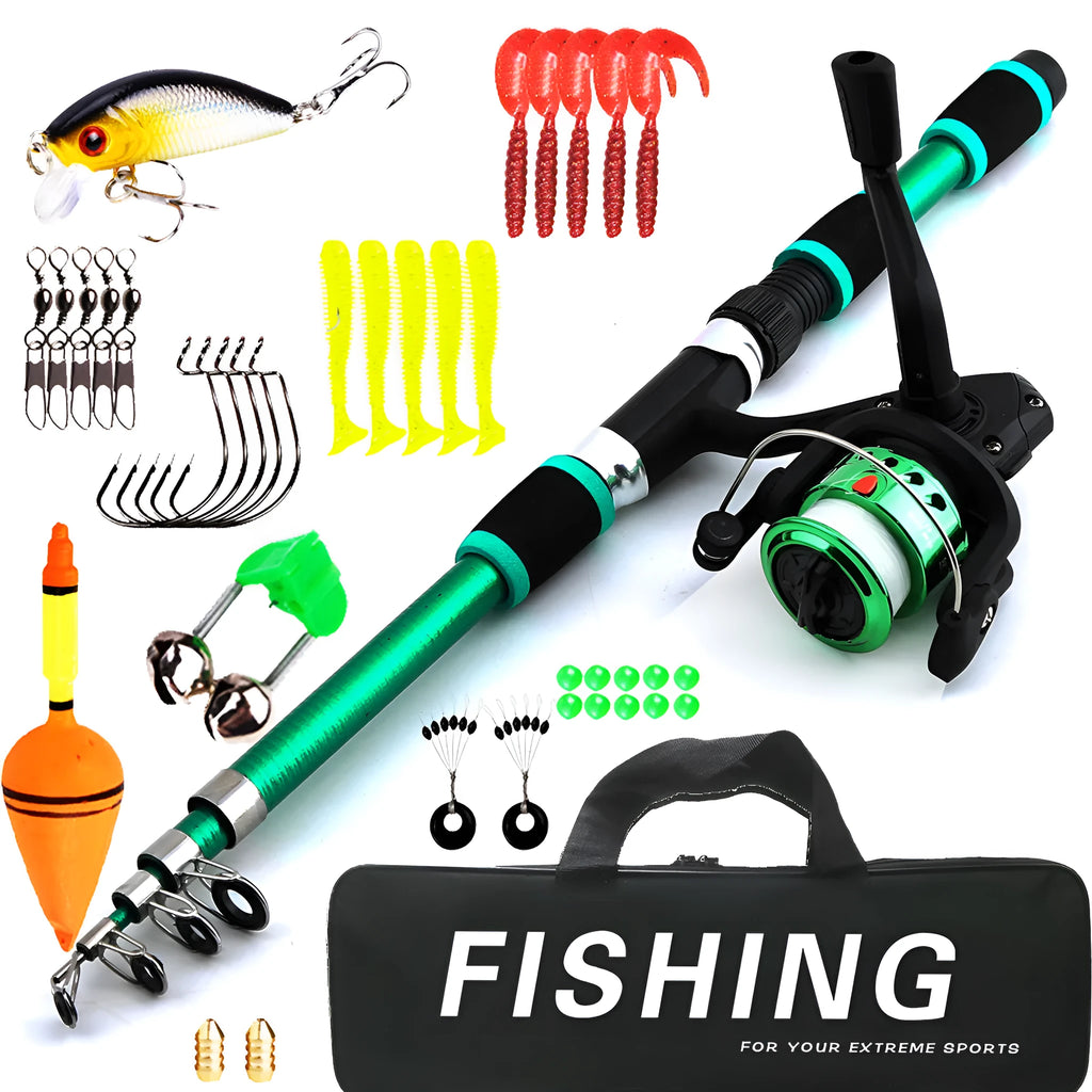 Children's fishing rod with pole and reel set in multiple colour options for beginner anglers