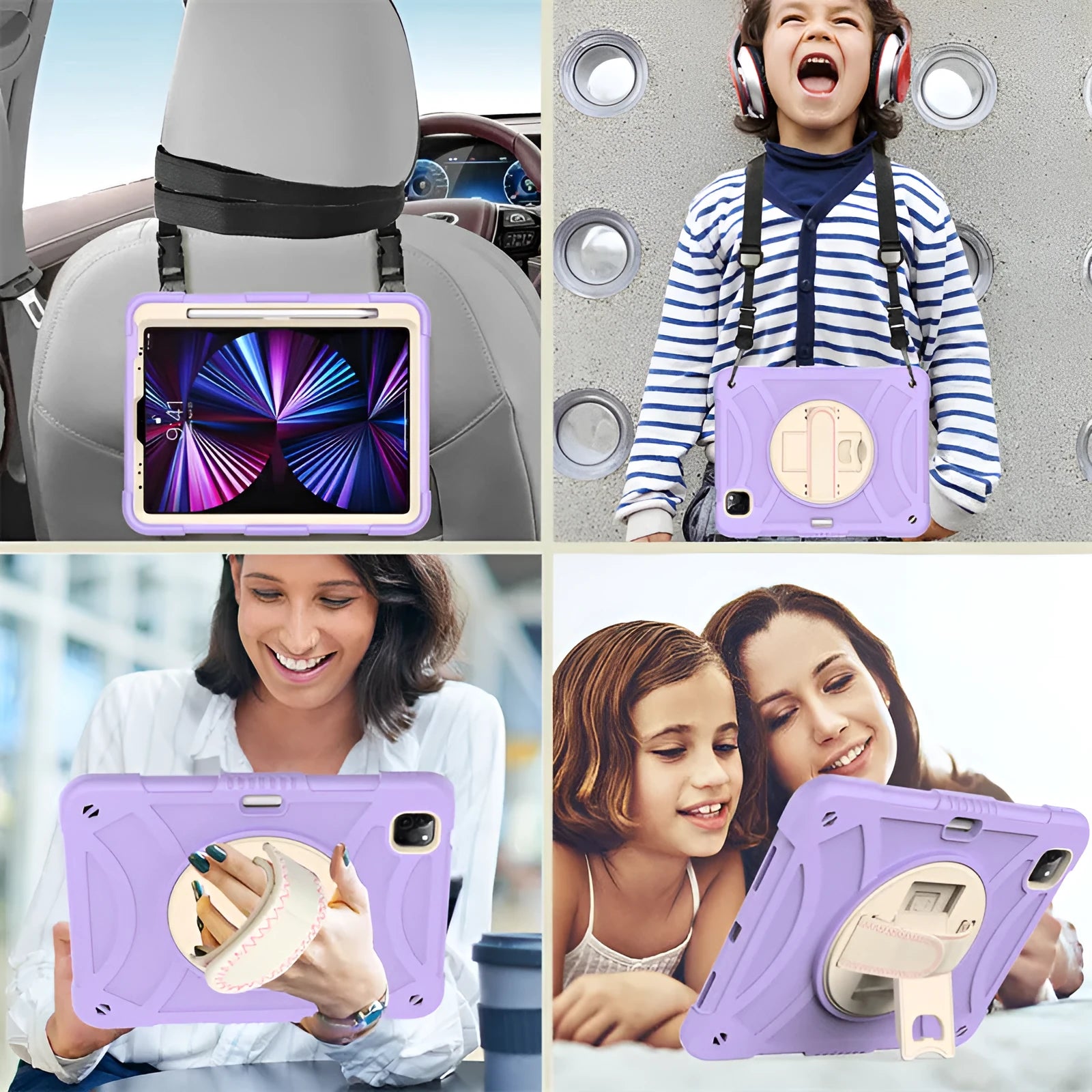 Rotating bracket strap silicone protective case for iPad in rose gold colour, showing the integrated stand.
