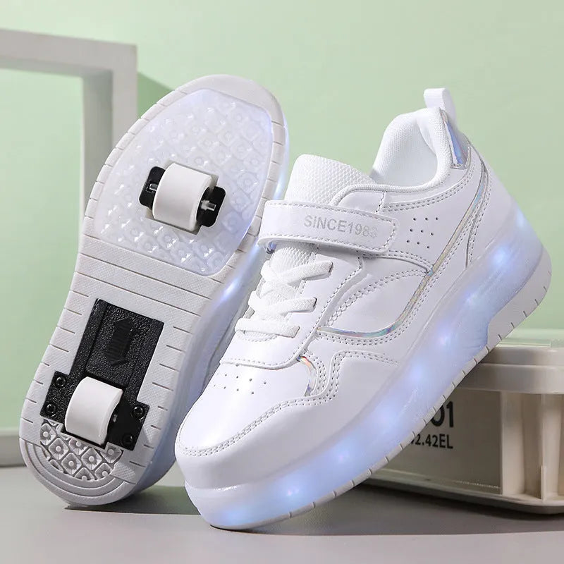 Children's rechargeable roller skates with flashing LED light-up wheels in pink, white, black, and purple colours.