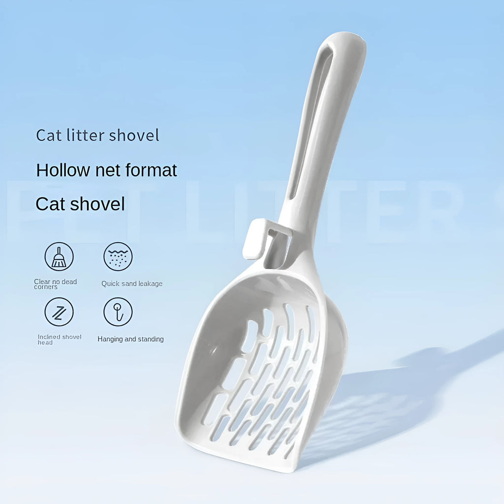 Grey plastic cat litter scoop with cleaning comb and separate storage base