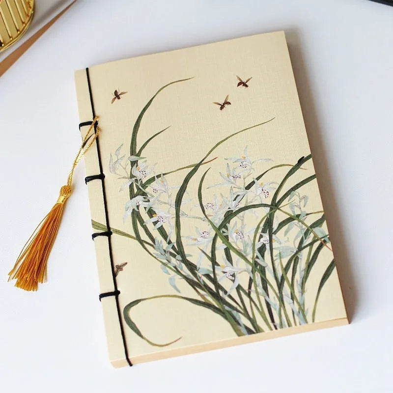 A5 antique wire-bound notebook with retro painting design on white cowhide cover