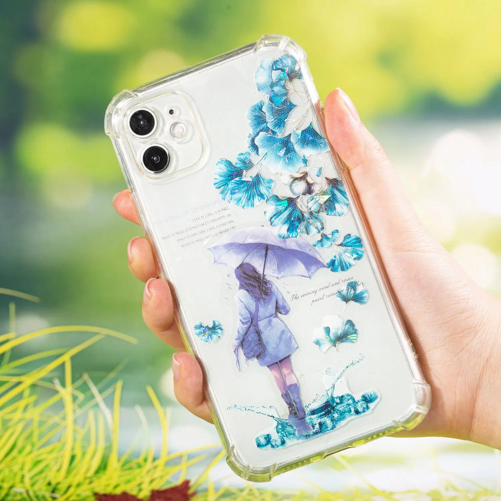 Roll of PET decorative stickers with six leaf patterns including ginkgo and maple designs for DIY projects