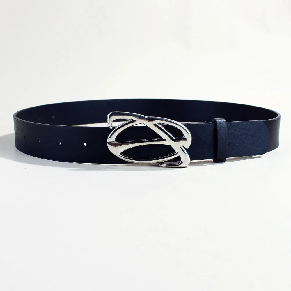 Silver buckle casual belt with snap button fastening on PU leather strap
