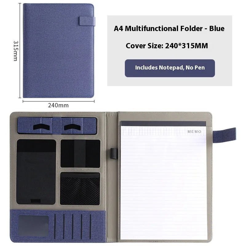 Black leather A4 business folder holding documents, with pen and notepad accessory options.