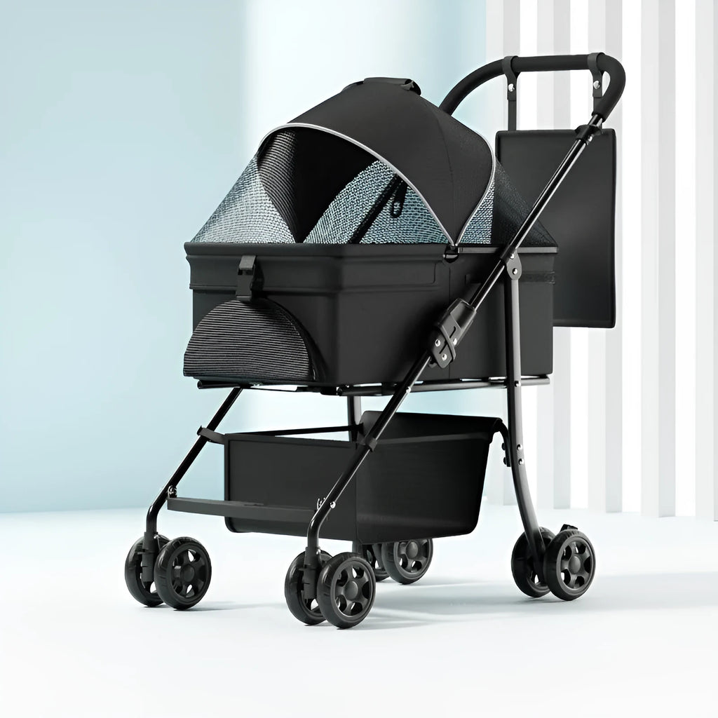 Black one-click folding metal pet cart in Black Warrior basic style, shown with detachable components.