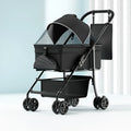 Black one-click folding metal pet cart in Black Warrior basic style, shown with detachable components.