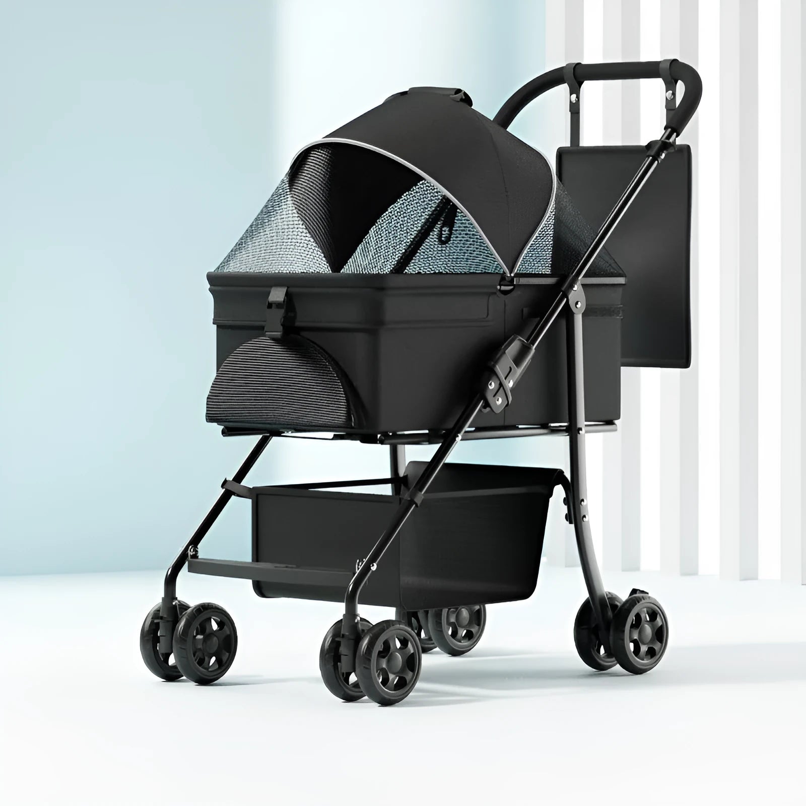 Black one-click folding metal pet cart in Black Warrior basic style, shown with detachable components.