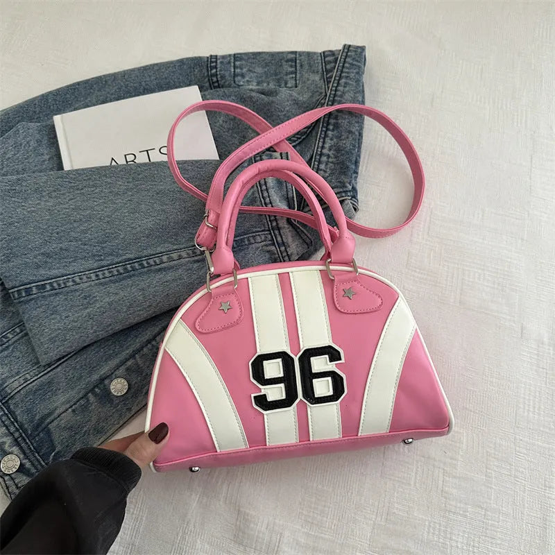 Colour blocking stripe contrast single shoulder bag in PU with stitching details, medium hardness dumpling shape