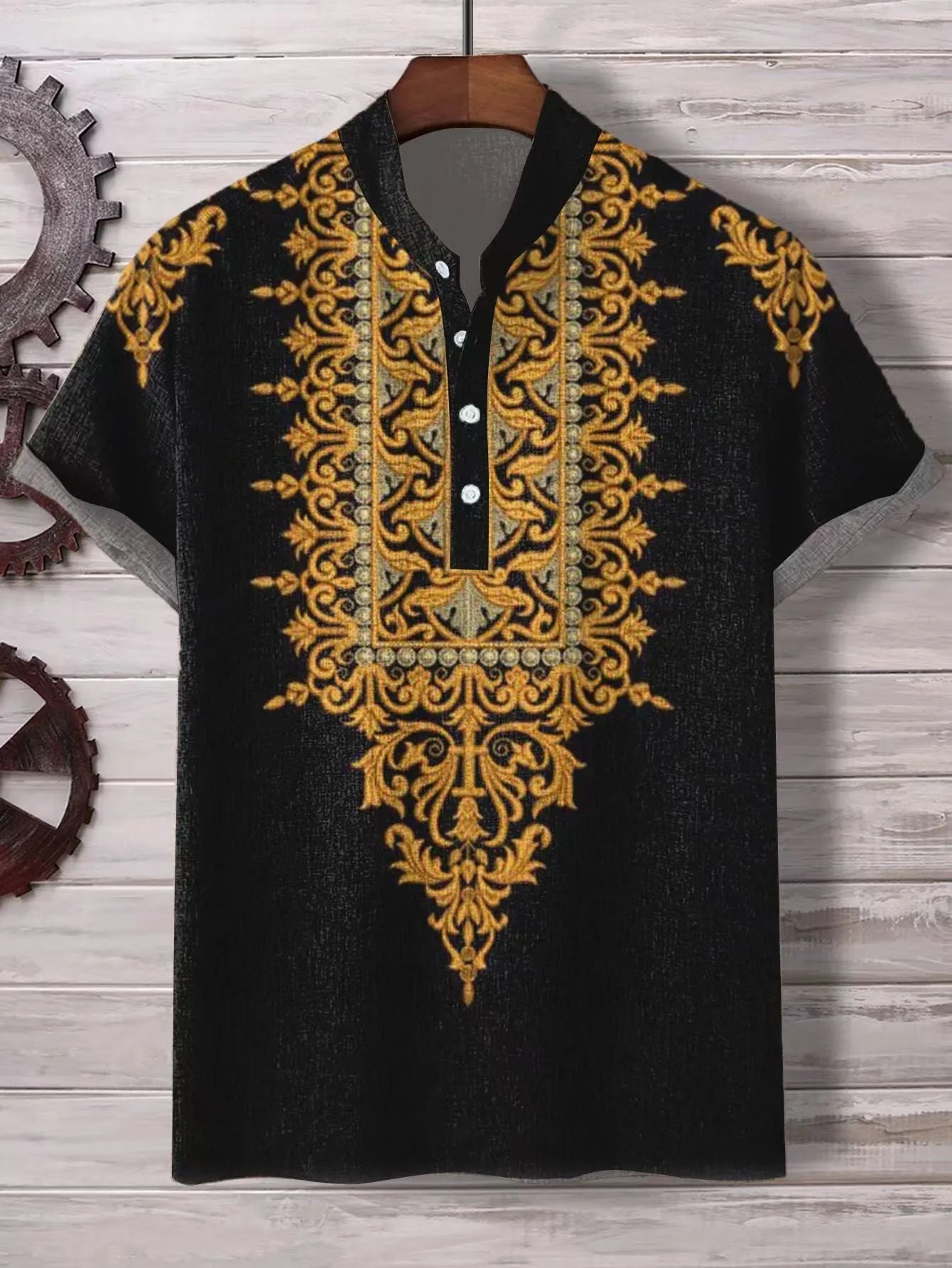 Men's striped loose fit casual shirt with personalised buttons on a hanger.