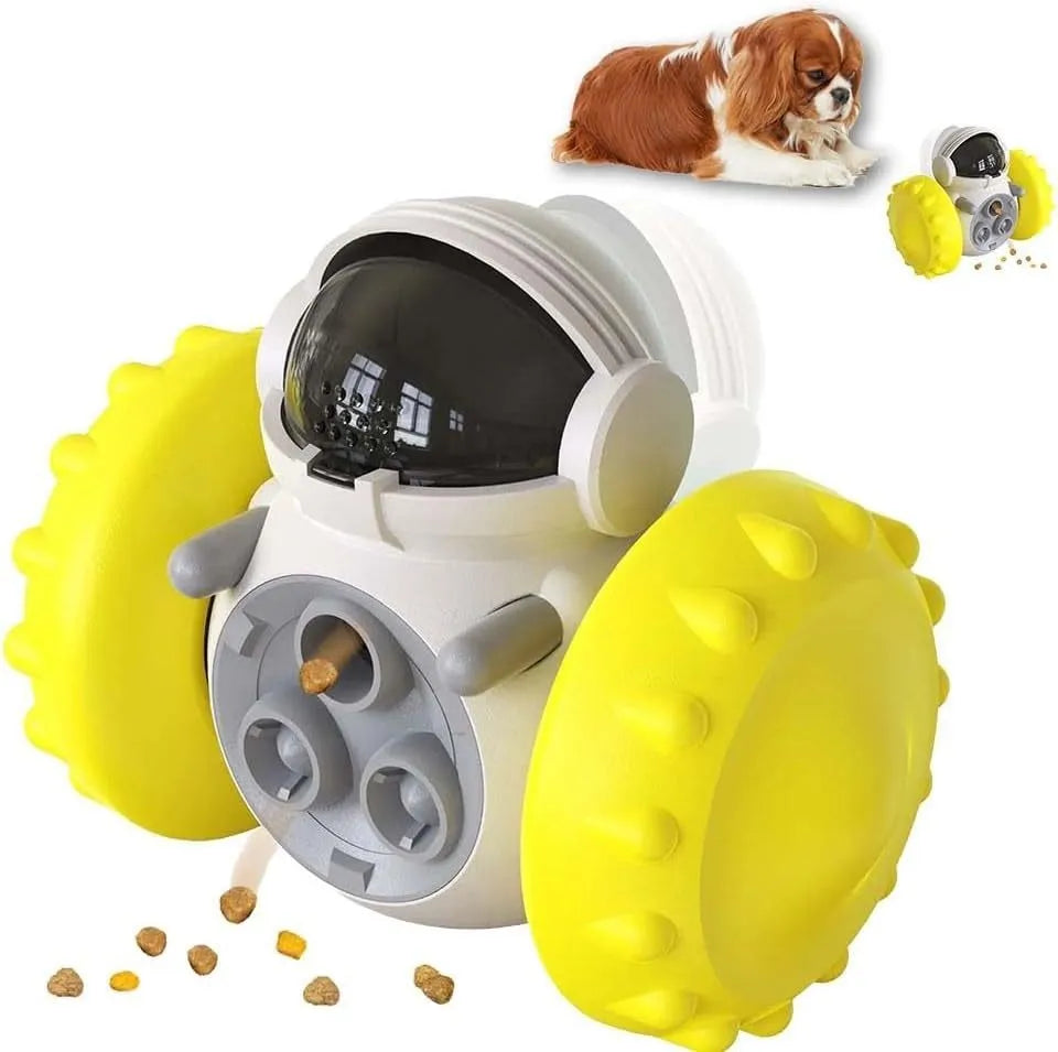 Interactive dog treat dispenser toy for small breeds in various colours with tumbler design