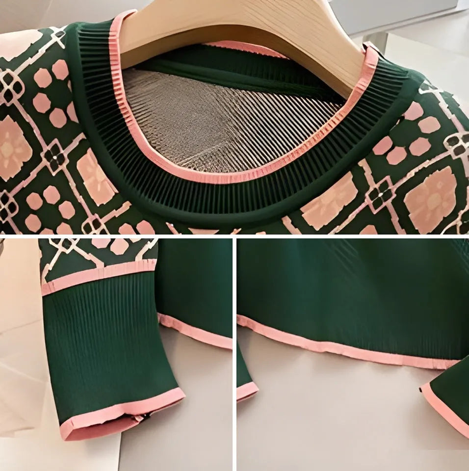 Green women's printed sweater with a loose fit and regular sleeves for casual commuting wear.