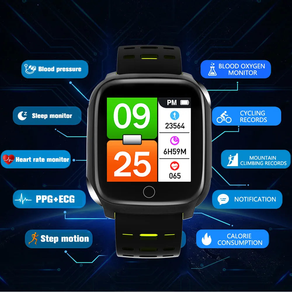 F16 Smart Watch with ECG monitor on a black and green silicone wristband, showing the display.