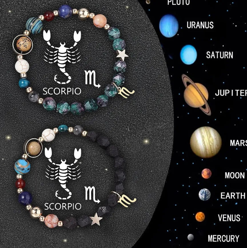 Set of two natural stone beaded bracelets showing zodiac sign designs on a cord.