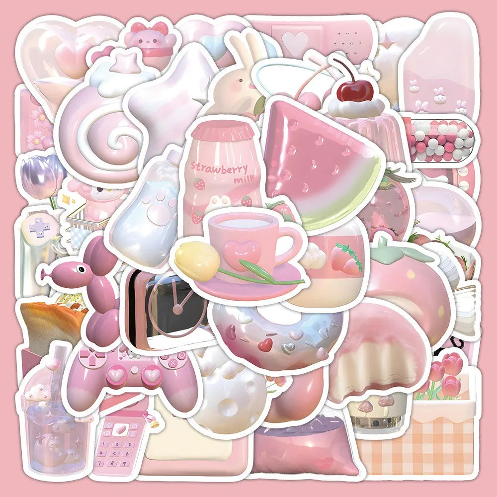Pack of 63 pink heart-shaped 3D decorative stickers for crafts and laptop decoration.