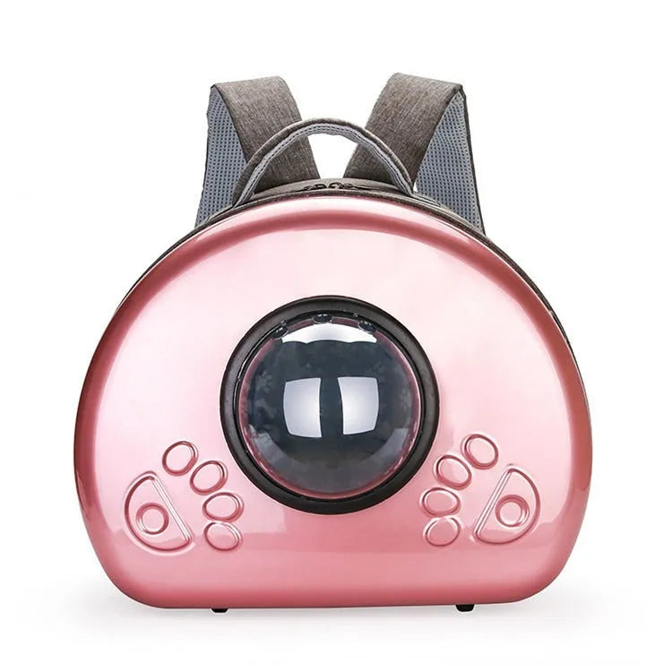 Transparent PC canvas cat carrier bag in space capsule shape with rose gold front cover.
