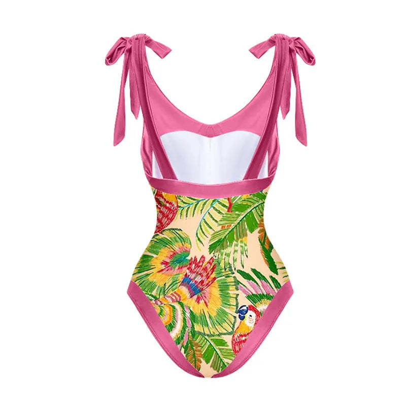 Women's pink floral print retro one-piece swimsuit with V-neck and matching skirt