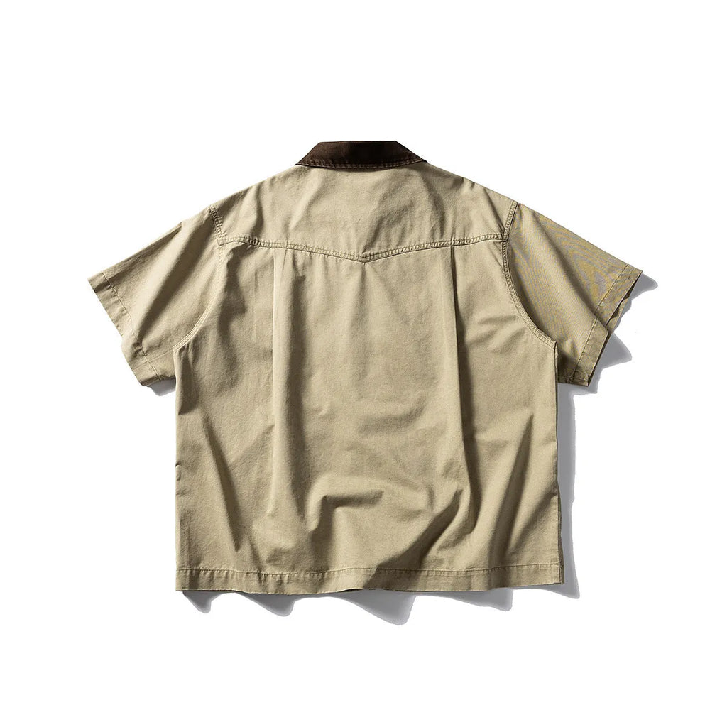Men's washed overalls shirt with short sleeves in khaki and grey colour options