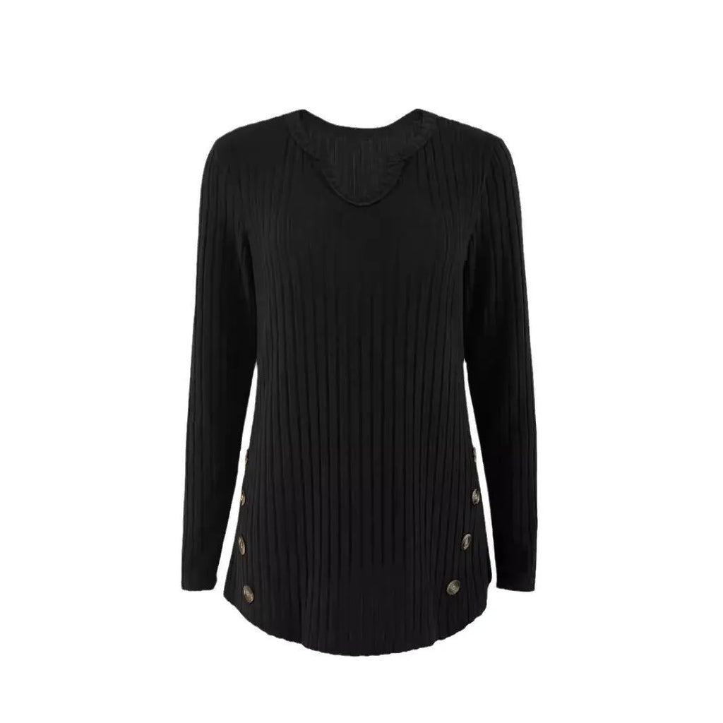 Simple solid colour knitted button-front pullover sweater in black or grey green