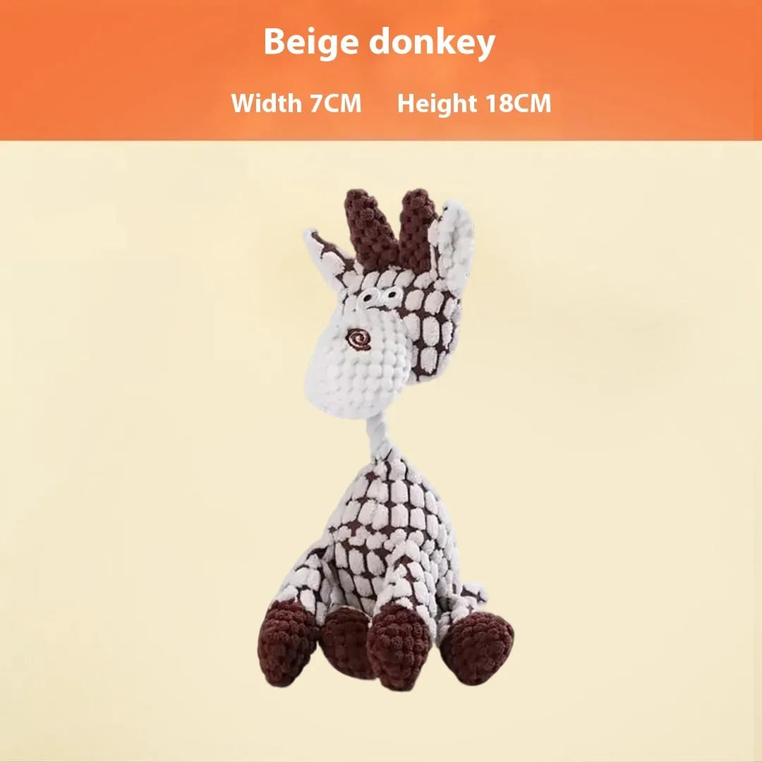 Bite-resistant plush puppy toy showing donkey, rechargeable duck, elephant, and dog styles
