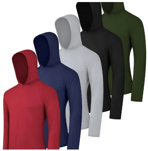 Four-pack of men's lightweight polyester hooded sweatshirts in various colours on hangers.