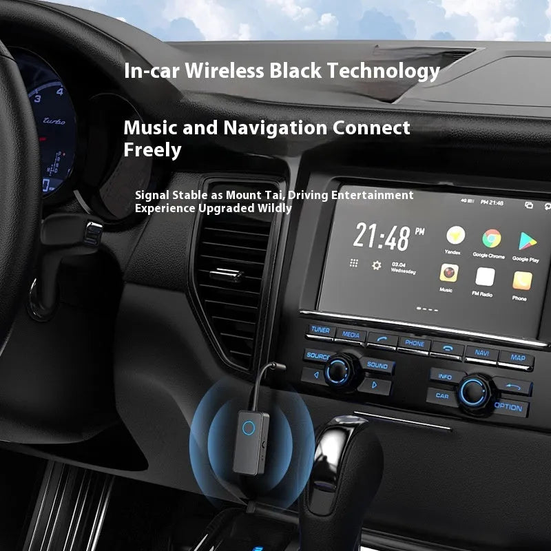 Black Bluetooth 5.4 audio adapter with a 3.5mm aux plug for wireless sound receiving and transmitting.
