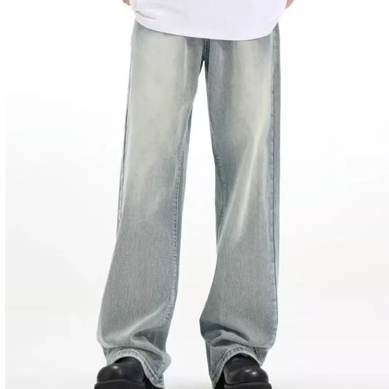 Blue retro loose-fit men's casual trousers made from rabbit fur fabric on a neutral background.