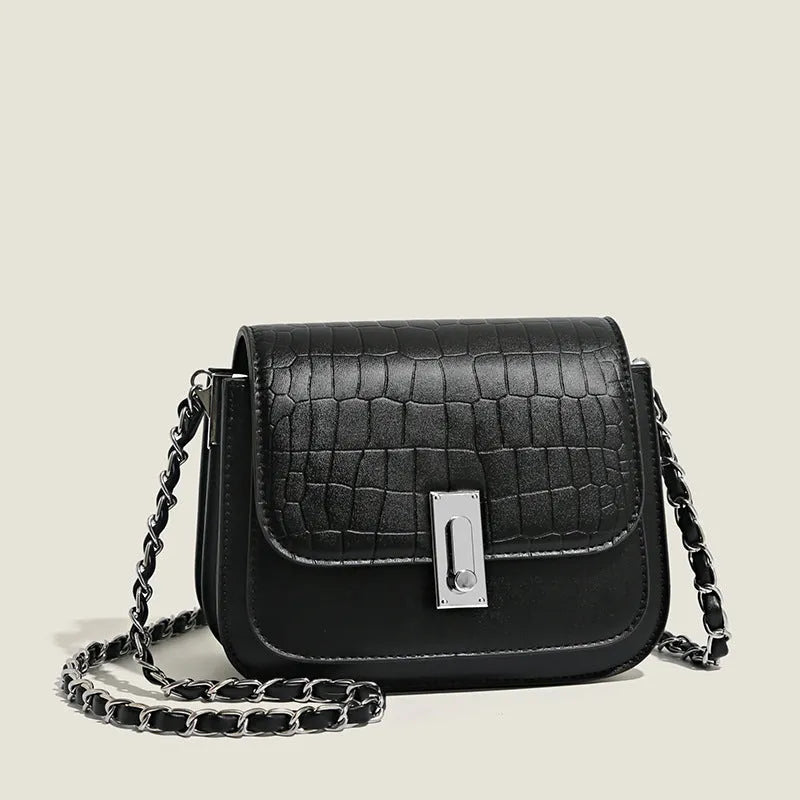 Women's soft black PU square shoulder bag with chain strap and external pocket