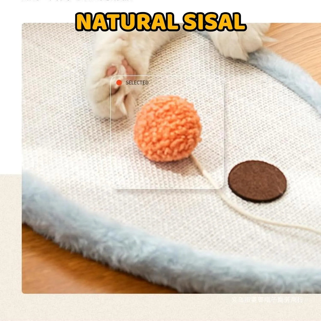 White wall-mounted cat scratching mat with sleeping cat cartoon design made from natural sisal