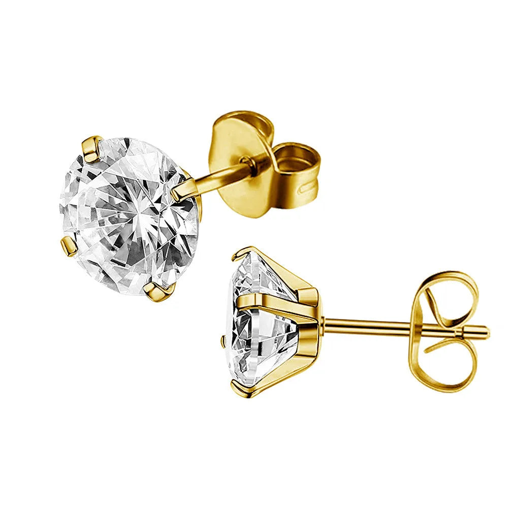 Stainless steel geometric square zircon stud earrings with gold or steel colour finish in sizes from 2mm to 8mm
