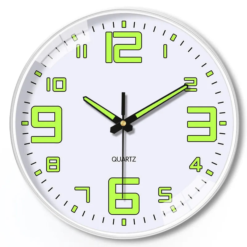 8 inch round luminous wall clock with modern plastic shell on a wall