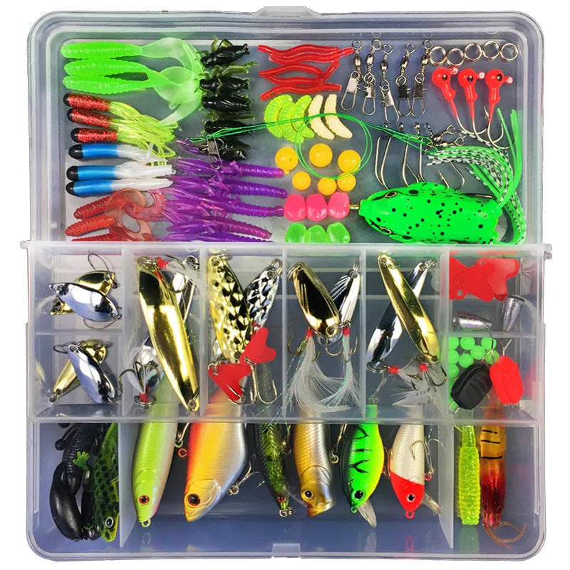 Junior entry-level fishing lure suit set in a hard black PP plastic storage box with multiple lures visible.