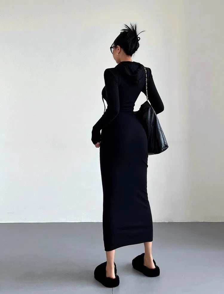 Women's grey hooded long sleeve sheath dress with high waist, shown knee-length.