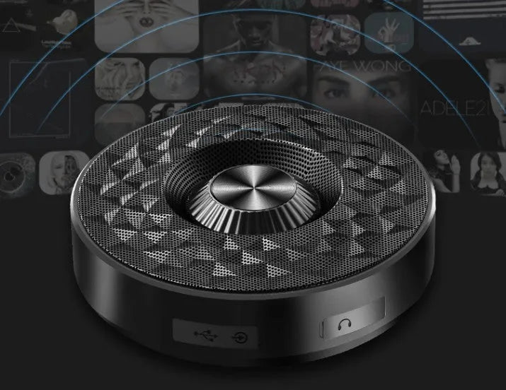 Compact Bluetooth mini speaker in black, orange, or silvery white with wireless stereo pairing and aux input