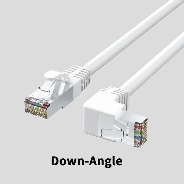 Right-angled Cat6 Ethernet cable with metal connector in various colours including black, red, and yellow.