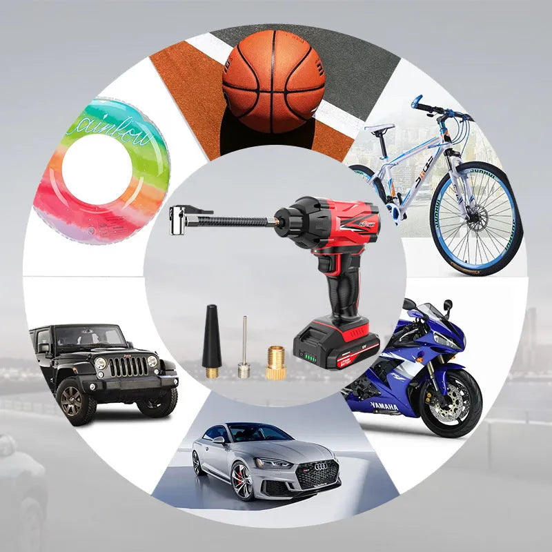 Red and black car wireless air pump with nozzles and power cables for tyre inflation