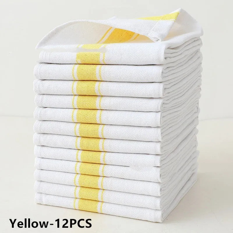 Set of twelve 48x70cm cotton polyester blend dish towels showing blue, yellow, brown, black, and striped colour options.