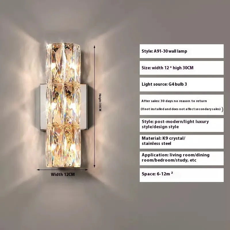 Modern crystal and stainless steel wall lamp in chrome finish with LED lighting.