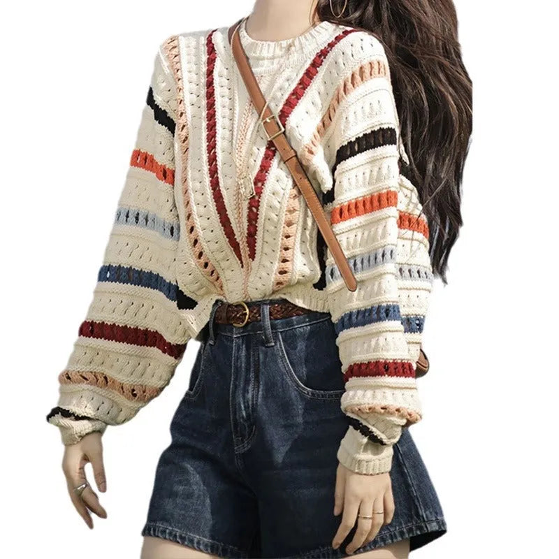 Rainbow striped pullover sweater with batwing sleeves and round neck in loose fit casual style