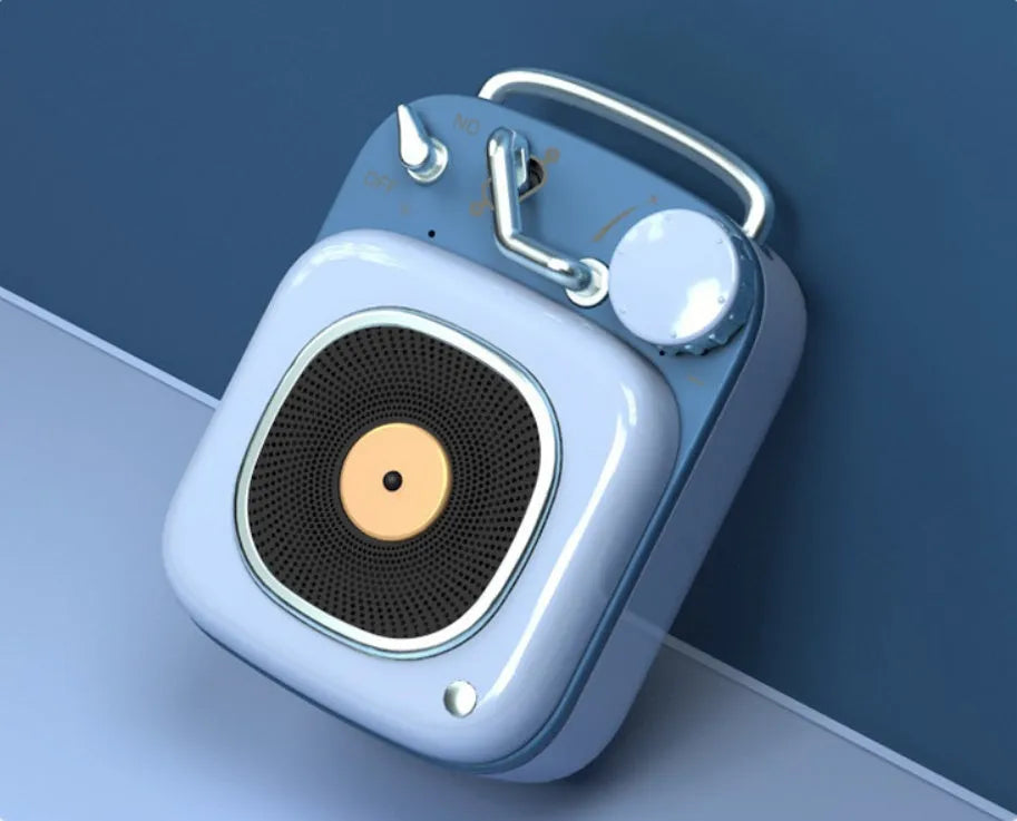 Portable mini speaker in blue, compact size 4.8x6.2x2.8cm with metal body