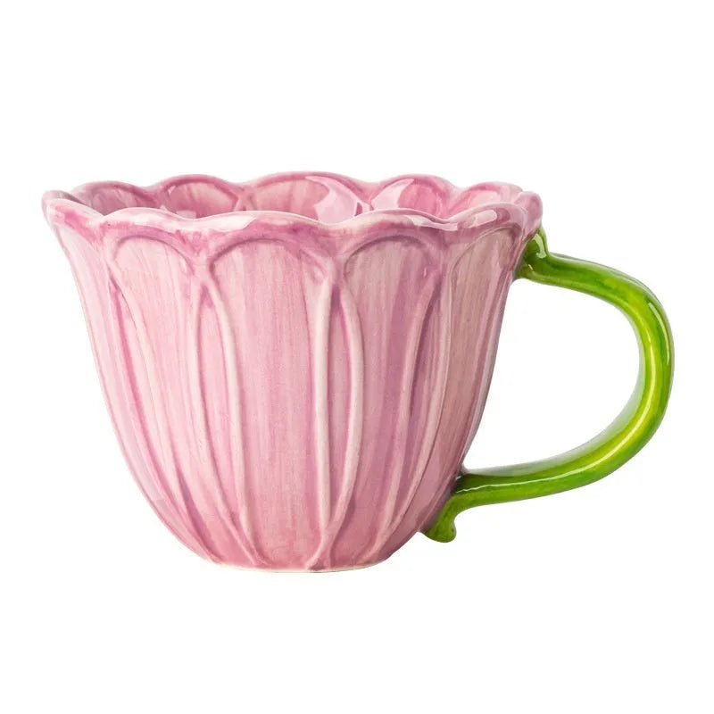 Ceramic breakfast cup with flower pattern, 500ml capacity, pastoral style in red or purple