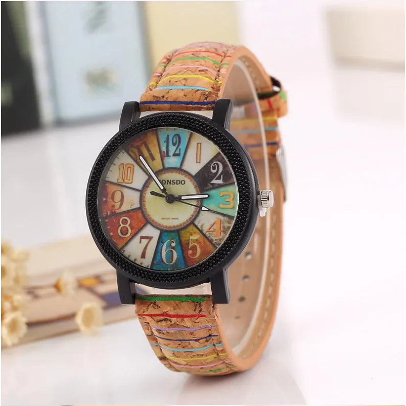 Women's vintage leather quartz wrist watch with 37mm round dial and stainless steel buckle