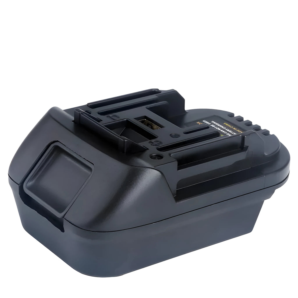 Black battery adapter converting Milwaukee DM18M to Makita H99F tools, 125x90x65mm