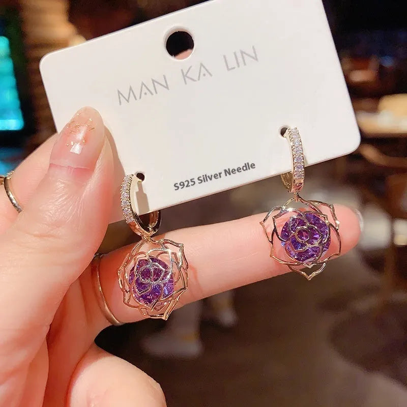 Geometric rose design zircon electroplated copper earrings for women in multiple colour variations