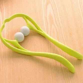 Blue plastic hand-held neck massager with adjustable rollers on a flexible stand.