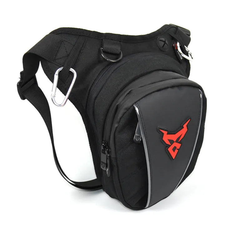 Red 0105MC motorcycle leg bag made of 1200D Oxford cloth with crossbody strap.