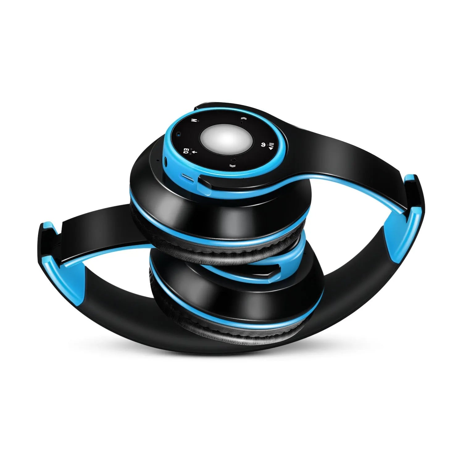 Foldable wireless Bluetooth headset shown in blue, with adjustable hinges and an SD card slot.