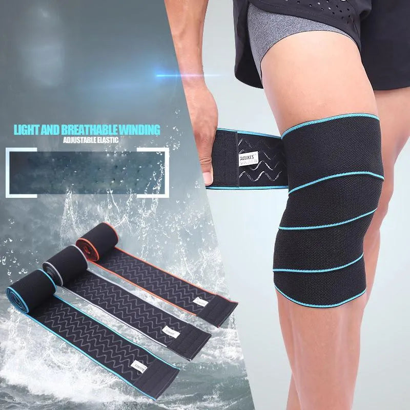 Aolikes orange lifting knee wrap with velcro, stretched to show 5.25 feet length for squat support