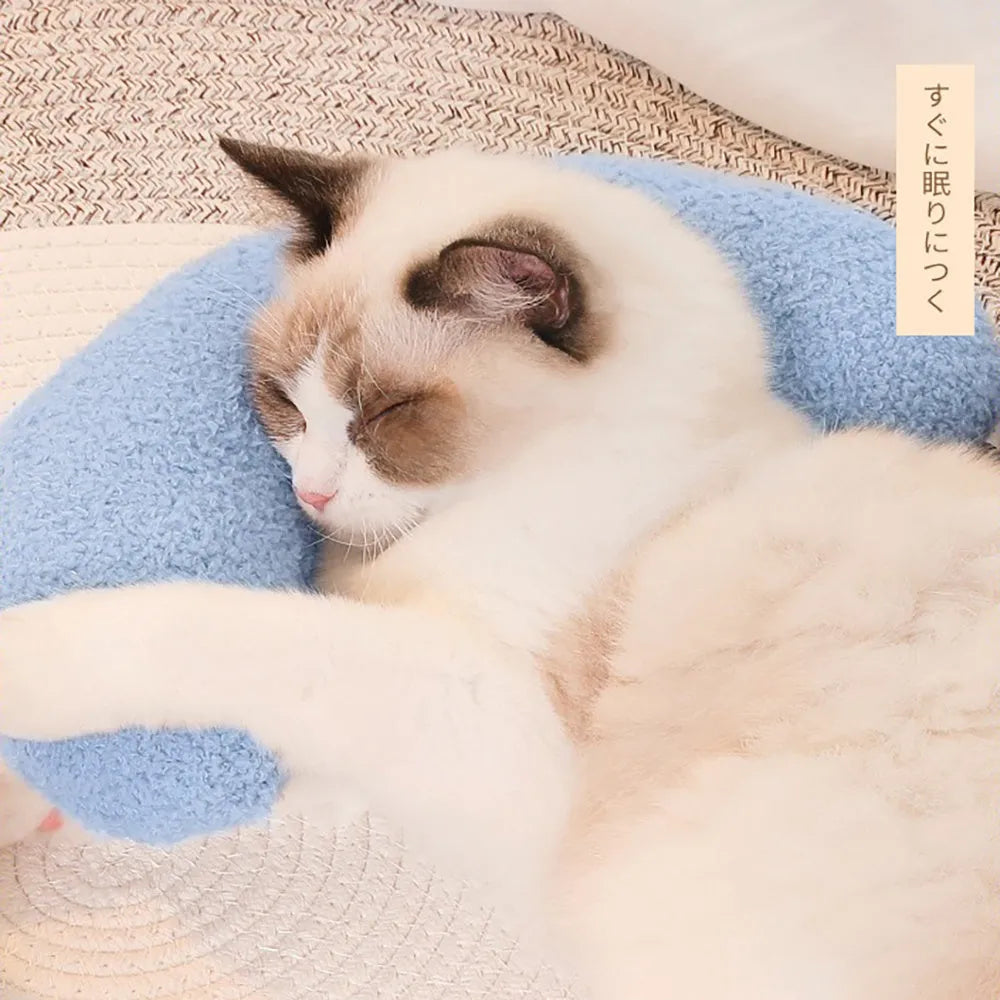U-shaped blue cat pillow with an adjustable fabric collar for pet neck support.